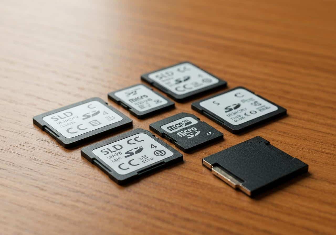 Carte mémoire SD et adaptateur sur surface bois