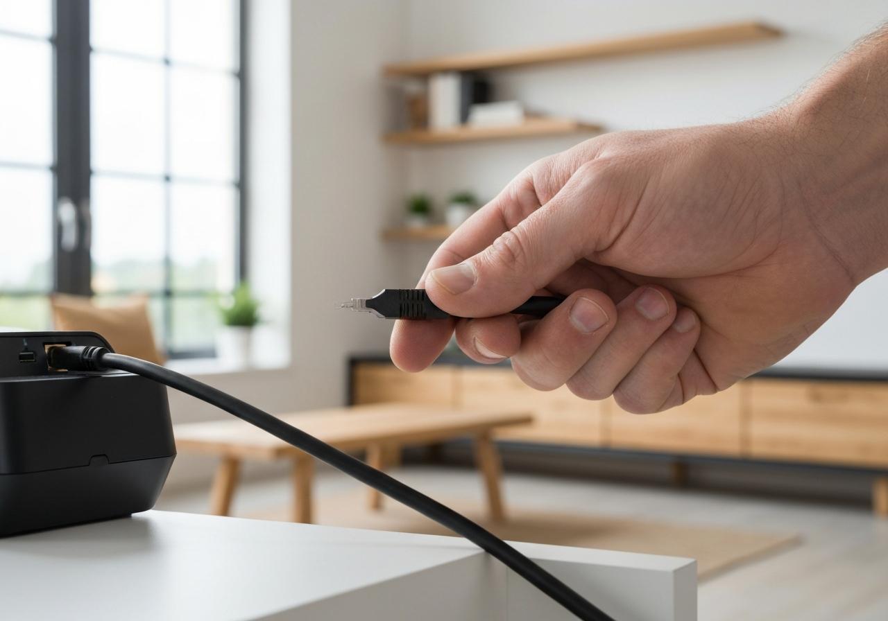 Main branchant le câble d'alimentation d'une Freebox