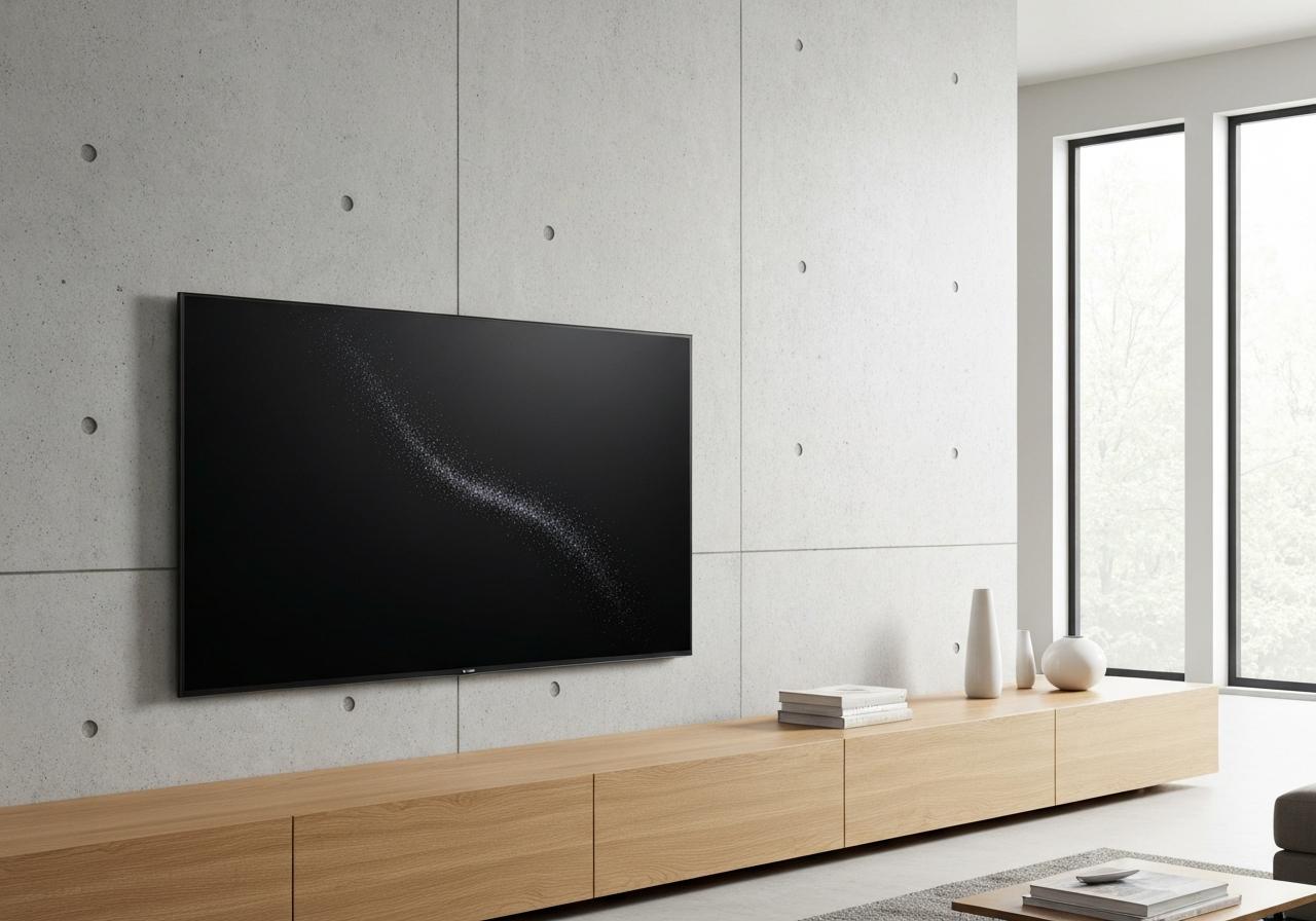Téléviseur OLED ultra-fin monté au mur salon moderne