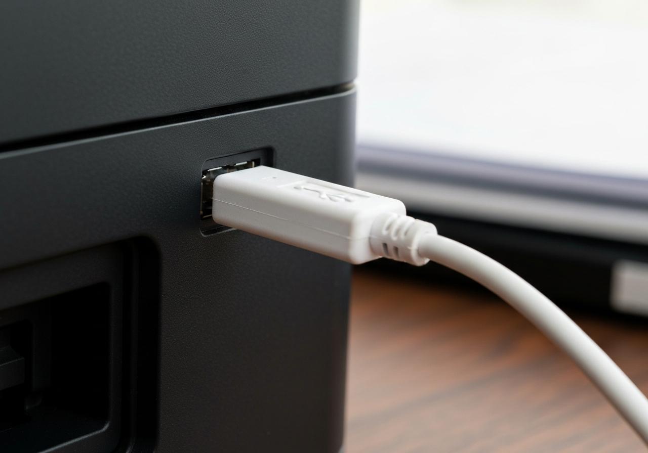 Câble USB branché à l'arrière d'une imprimante