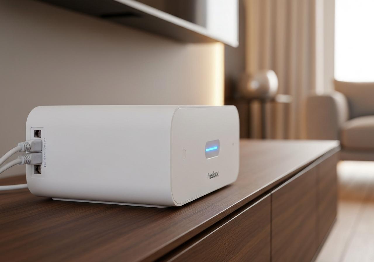 Freebox Pop posée sur meuble en bois, voyant bleu allumé