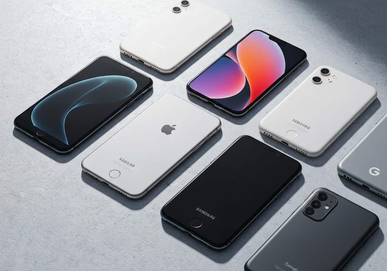Smartphones de différentes marques posés sur une surface