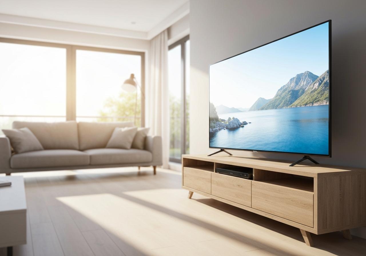 Téléviseur 4K LED allumé dans un salon moderne