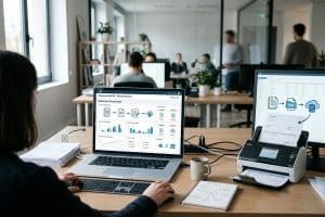 Femme travaillant sur ordinateur au bureau