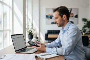 Homme travaillant avec une calculatrice