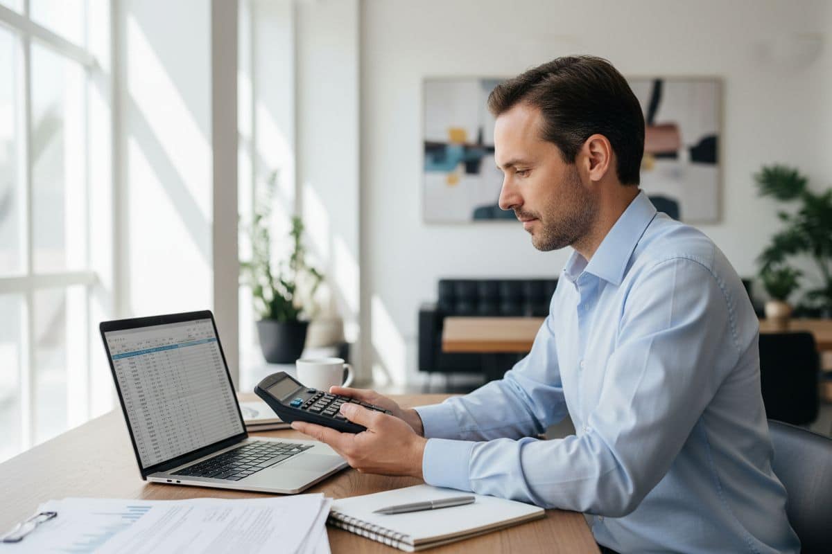 Homme travaillant avec une calculatrice