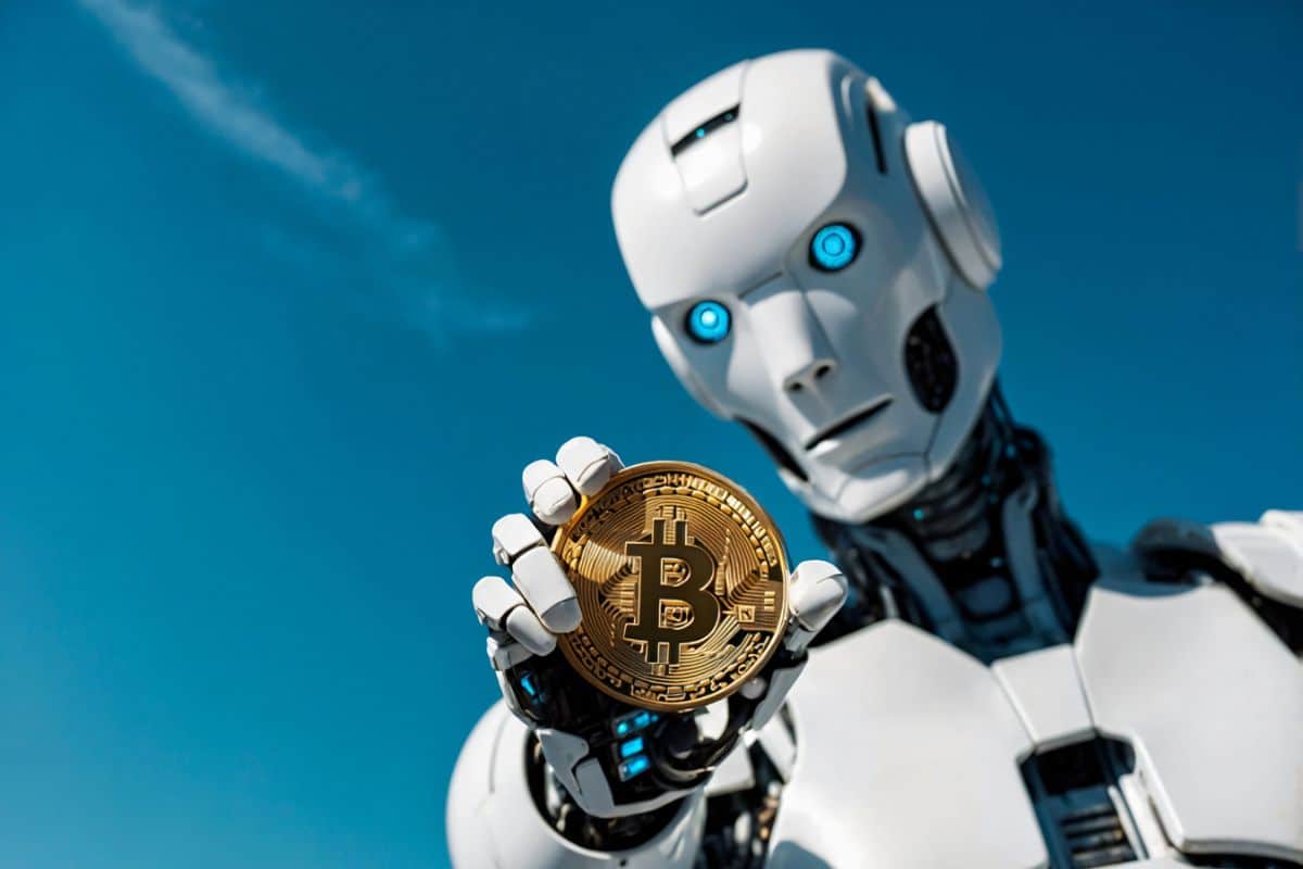 Robot humanoïde tenant une pièce de Bitcoin dorée.