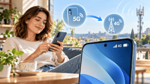 Femme avec téléphone réseau 5g
