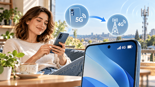 Femme avec téléphone réseau 5g