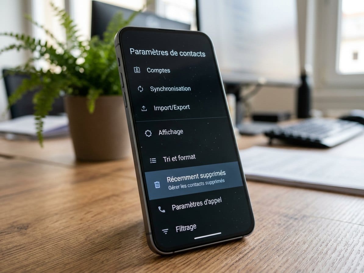 Écran de smartphone Android montrant le menu des contacts récemment supprimés