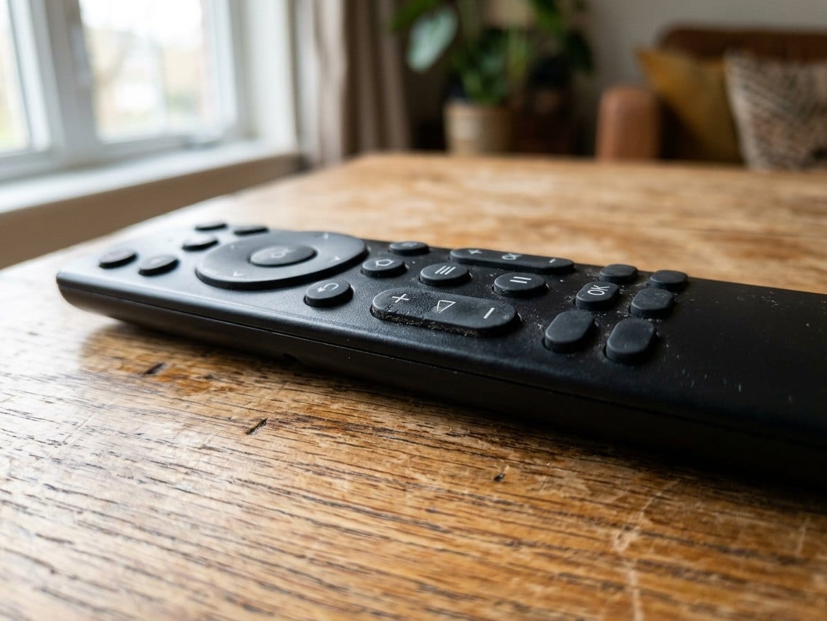Gros plan sur une télécommande avec la touche pause mise en évidence
