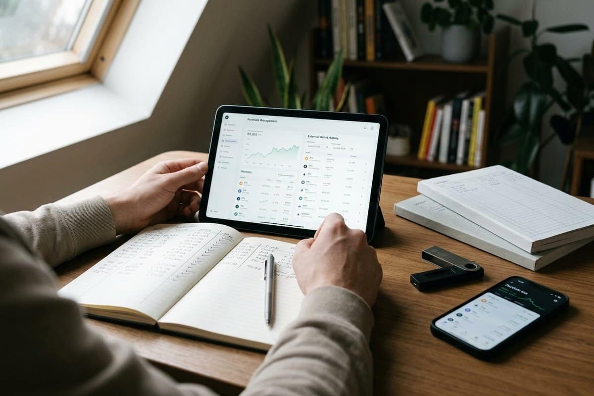 Mains travaillant sur tablette et carnet